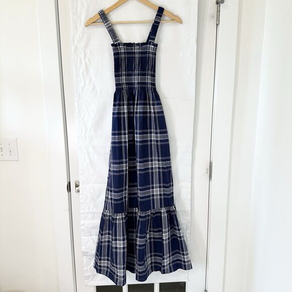 Hill House Home Nap Dress XXS Navy Blue Plaid Anjuli Maxi Pockets Smocking - Picture 1 of 11